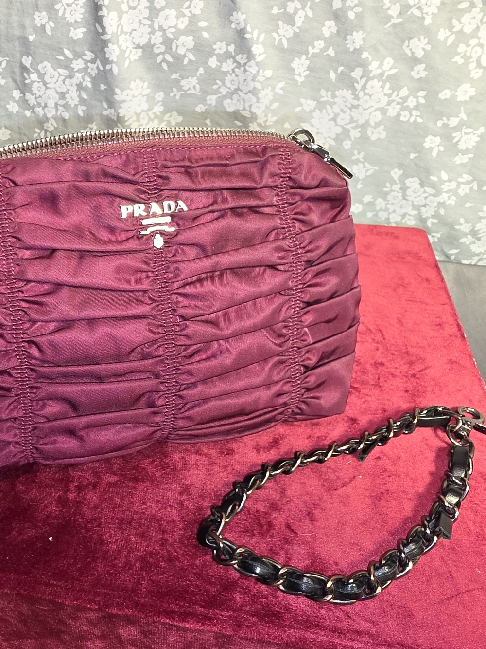 Prada Women's Burgundy Ruched Clutch Wristlet